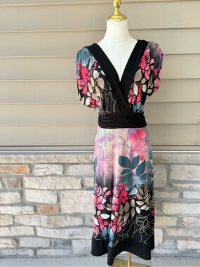 Roulette Black Midi Dress with Pink and Teal Floral Print